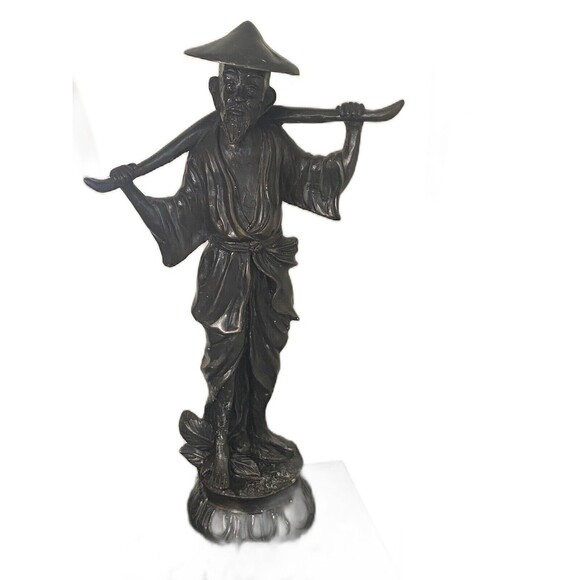 Weathered Asian Garden Statue of Man Bronze Vintage - Picture 1 of 12